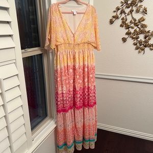 House of Harlow - Yellow Pink Gold Teal Sinched Waist Button Up Maxi Dress with